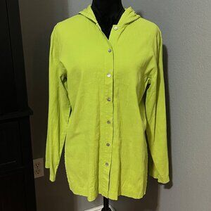Chicos Shirt Size 1‎ Medium Lime Green Button Front Hooded Tunic Top